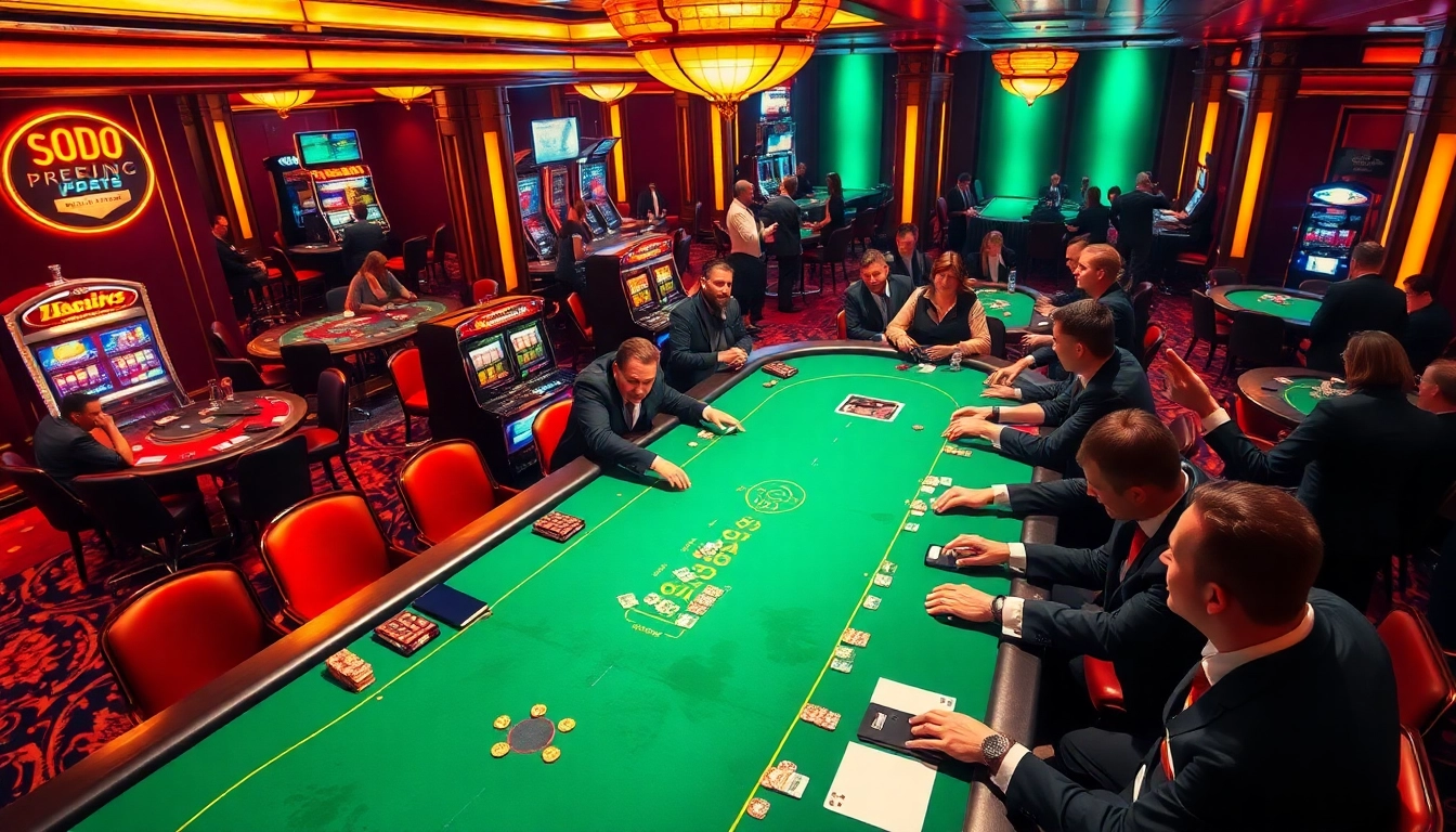 SODO Casino table scene showcasing exhilarated players at a poker game filled with chips and cards.