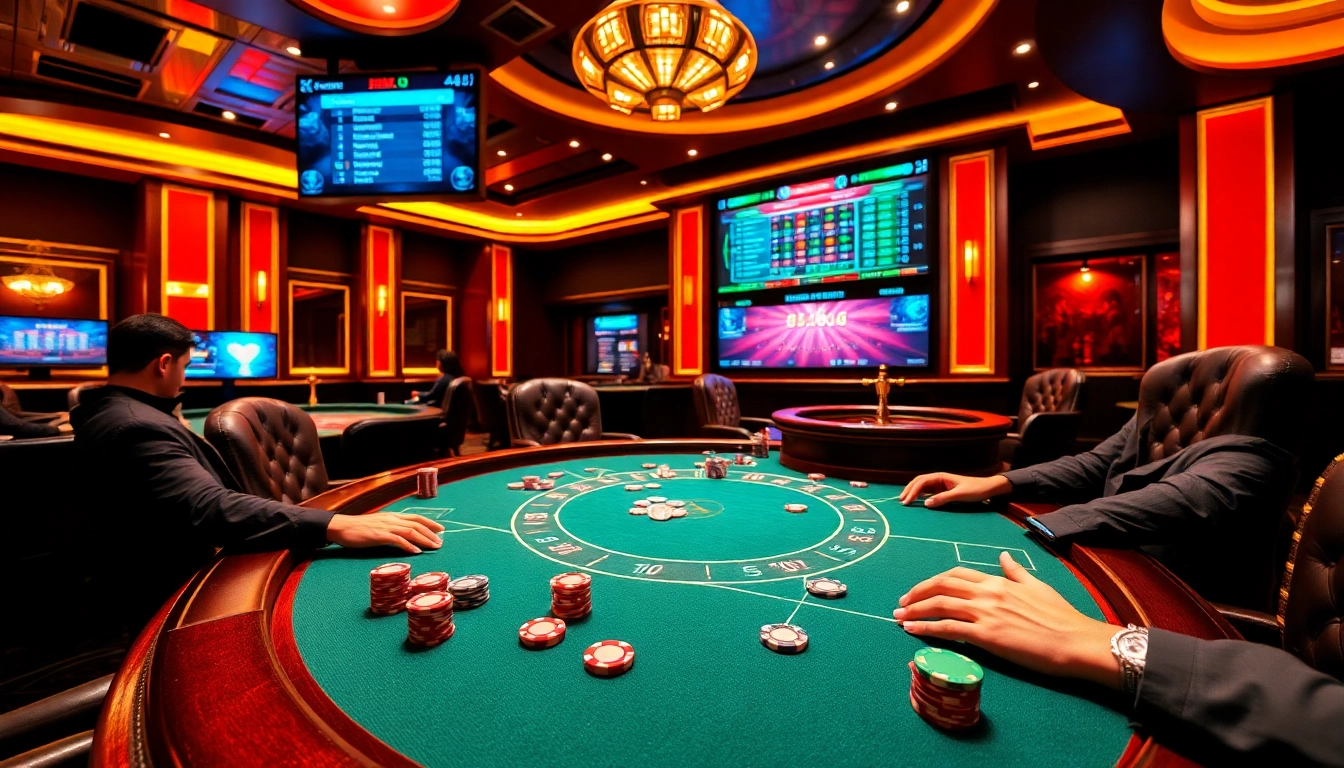 Exciting poker game at http://2haywin.pro/ with vibrant chips and a roulette wheel in a luxurious casino setting.
