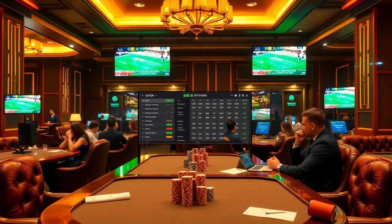 Engaging gamblers analyzing kèo bóng đá trực tuyến odds at a luxury sports betting area.