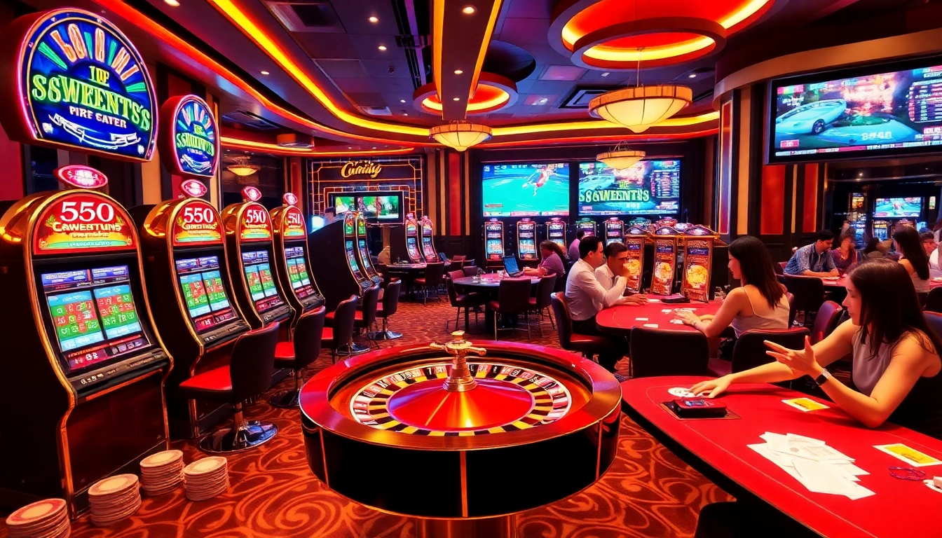 Experience the luxury of 555win with vibrant casino tables and captivating slot machines