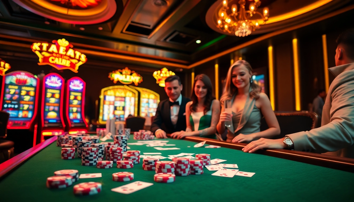 Engaging scene at BET88 casino featuring poker chips, cards, and a lively roulette wheel.