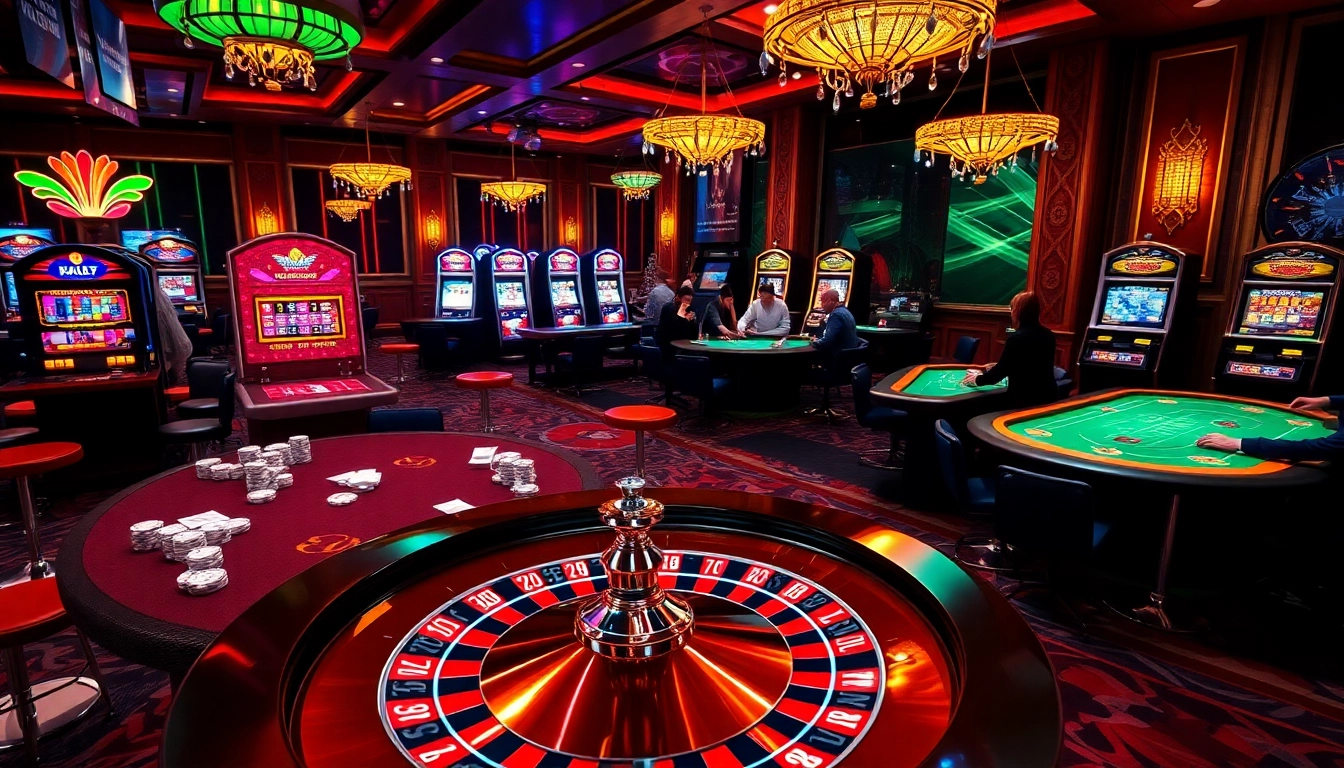 Players at a high-stakes BDJL gaming table surrounded by poker chips and roulette wheels.