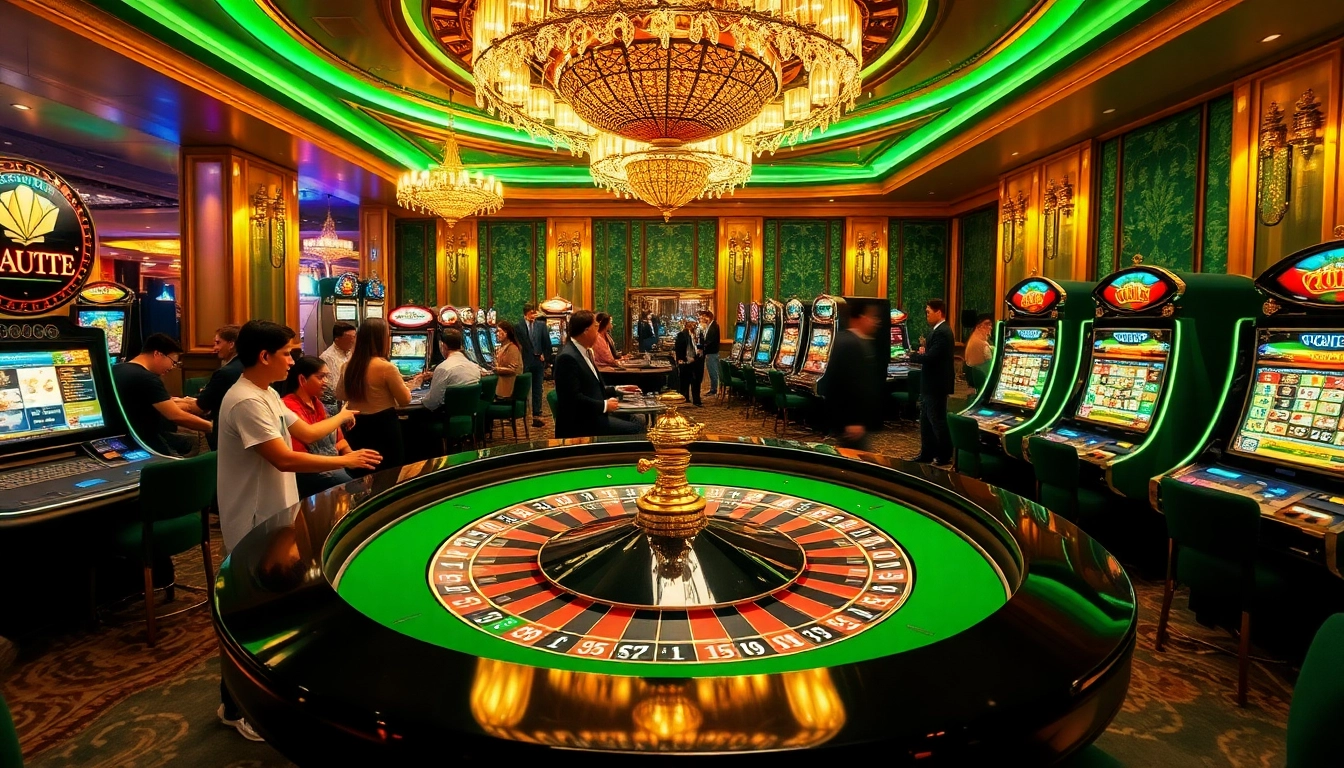 Players engaging in high-stakes games at https://onew88.com/, featuring a lively roulette table in an elegant casino.