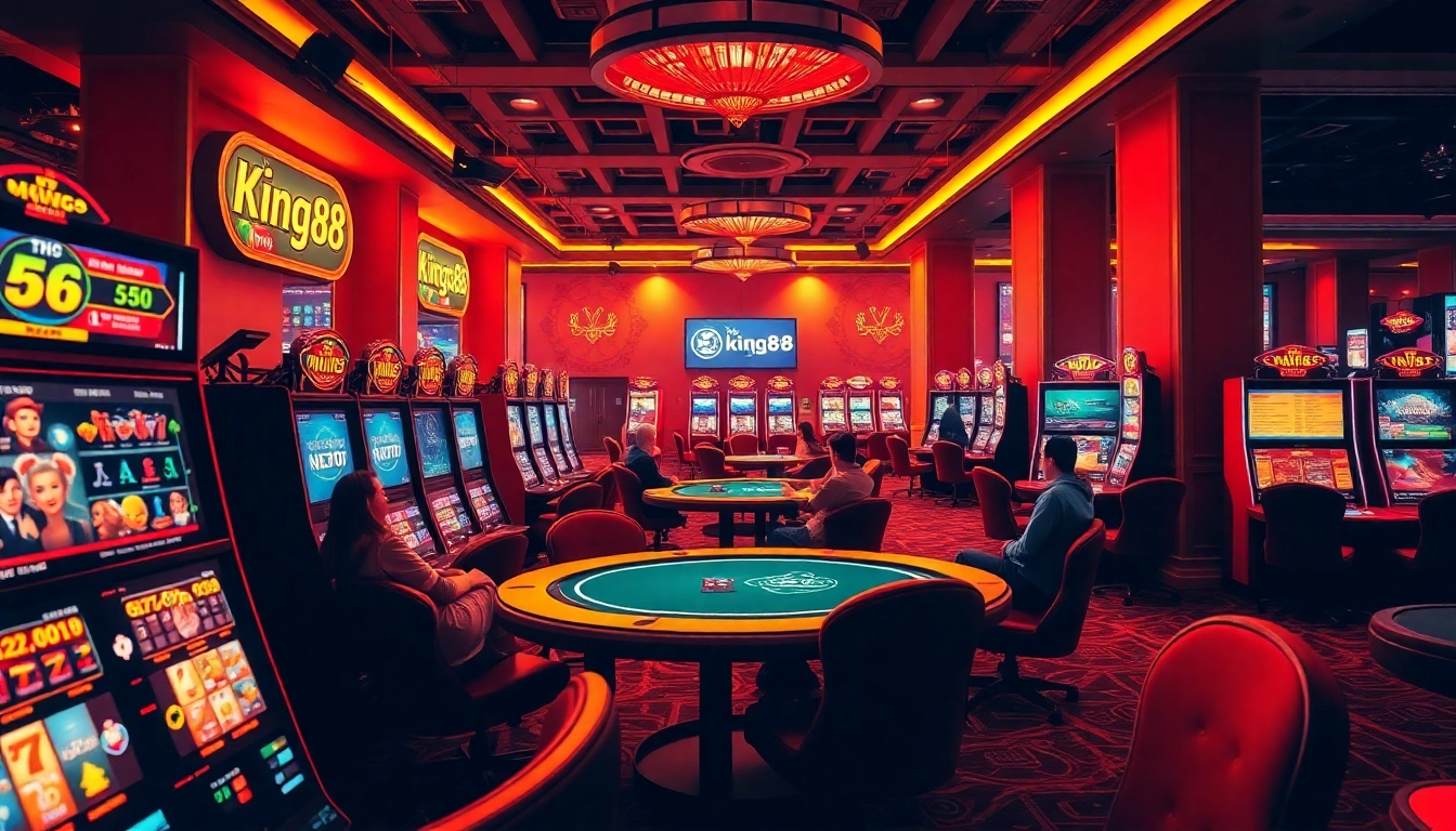 Exciting online casino gaming scene representing king88 with vibrant slot machines and gaming tables.
