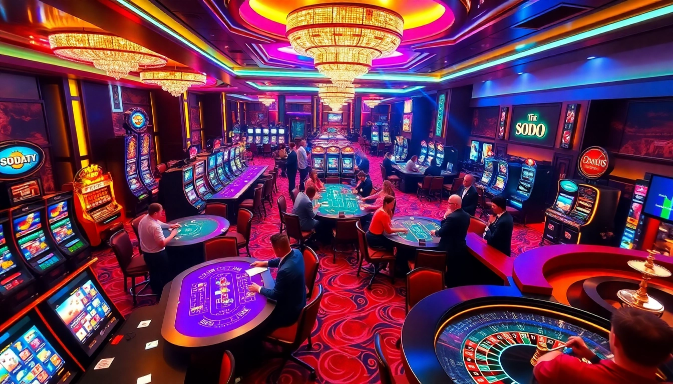 Experience the excitement of SODO CASINO with vibrant gaming tables and players enjoying their bets.