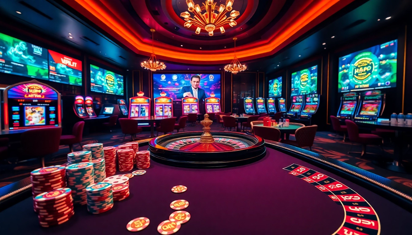 hz88 vip poker action with vibrant chips and live roulette wheel in a luxury casino setting