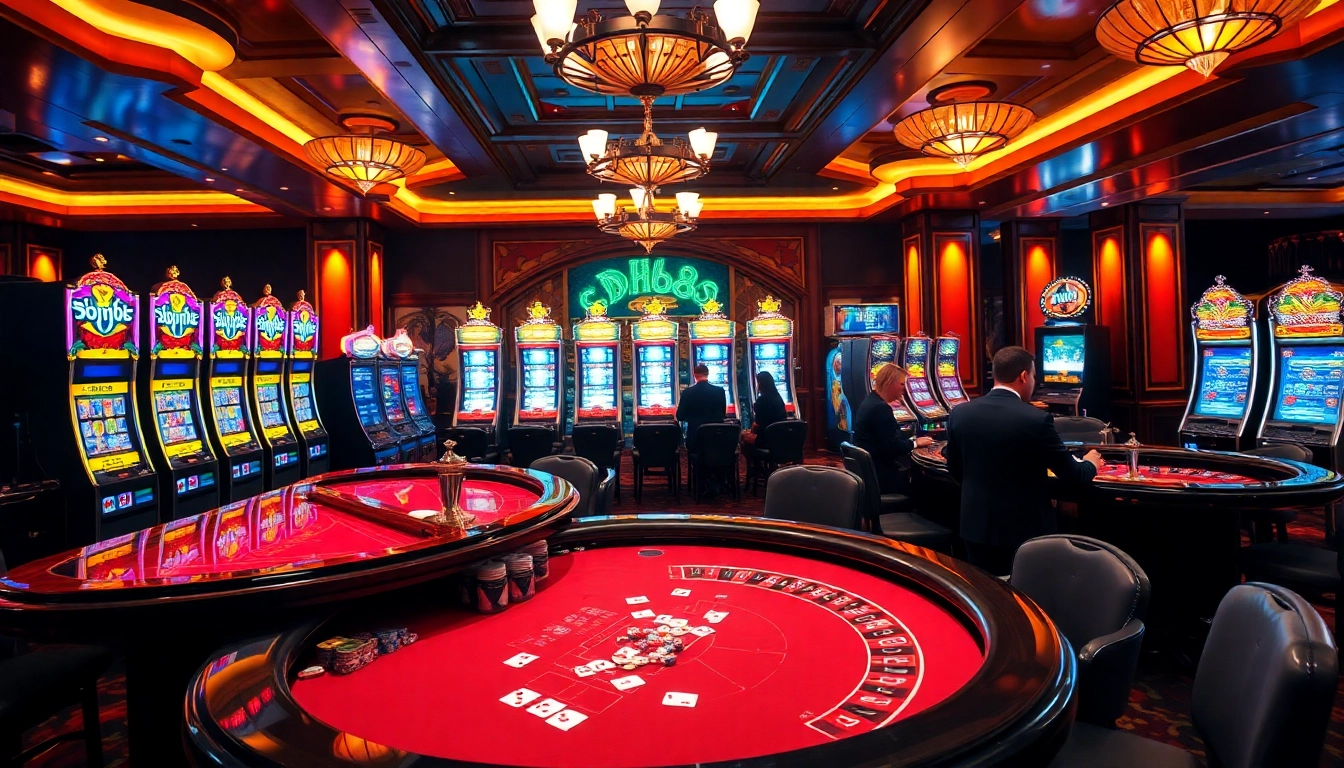 Engaged gamblers strategizing at a DH 88 casino table surrounded by vibrant gaming machines.