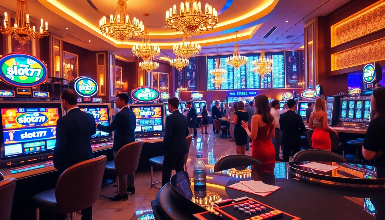 Players enjoying engaging slot777 login games in a vibrant casino atmosphere with luxury decor.