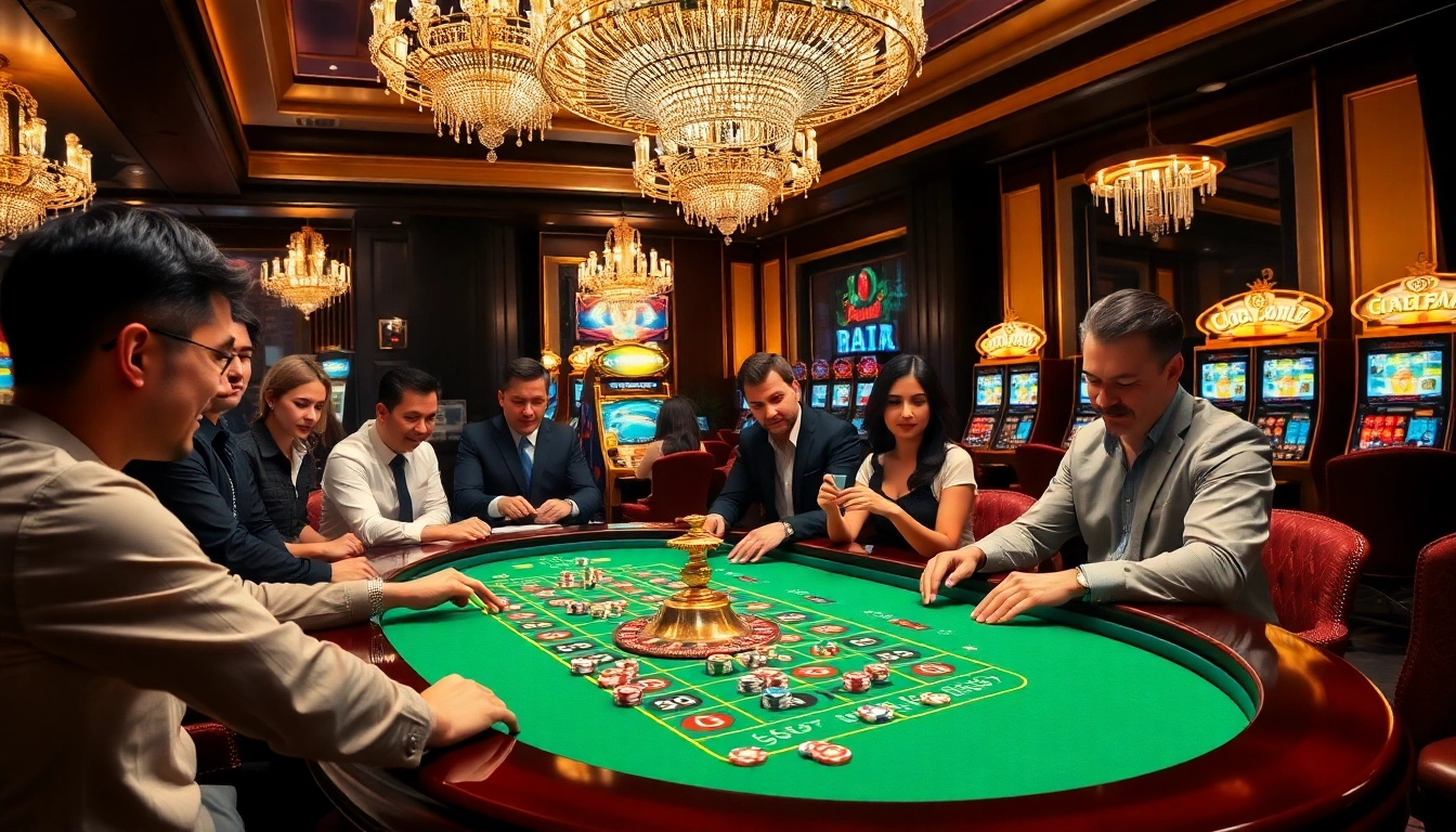 Excited gamblers strategizing at a roulette table in a luxurious casino with idnslot elements.