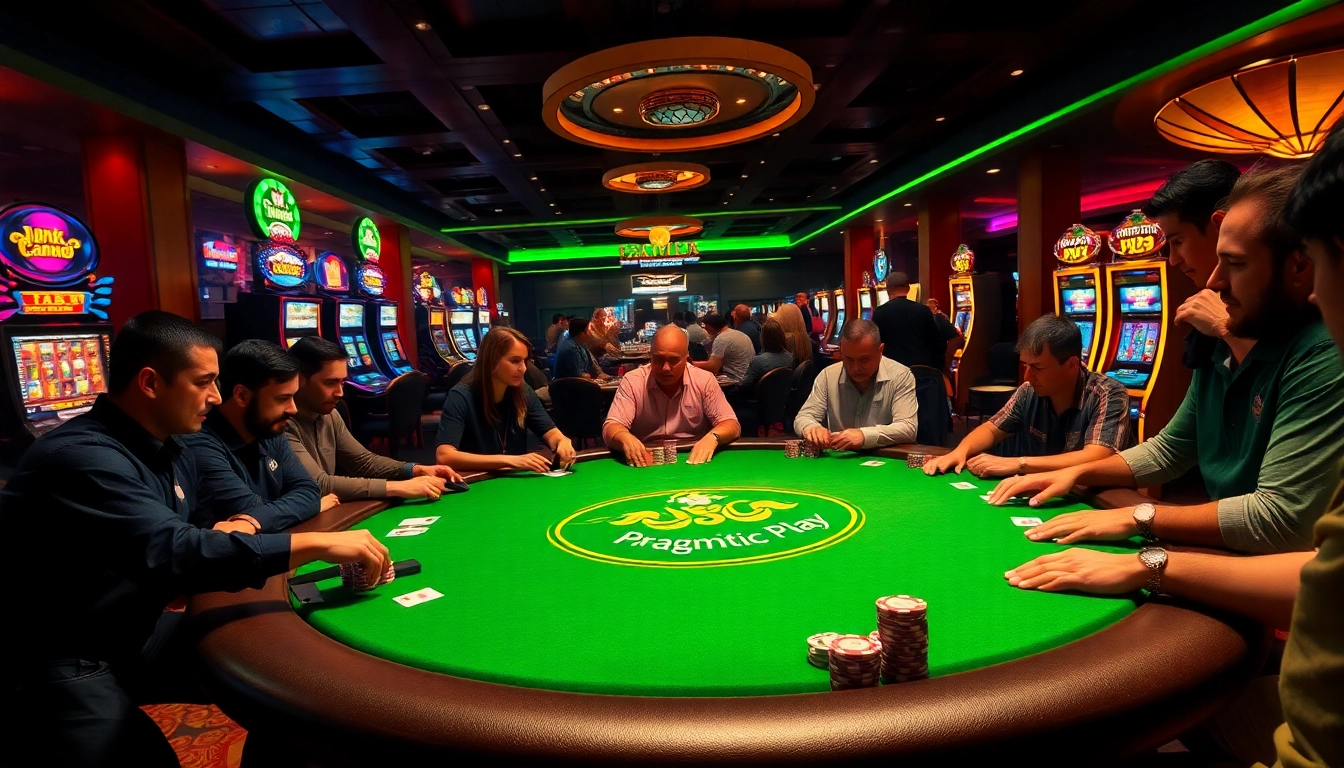 Join a thrilling poker game featuring Pragmatic Play at a luxurious casino table.
