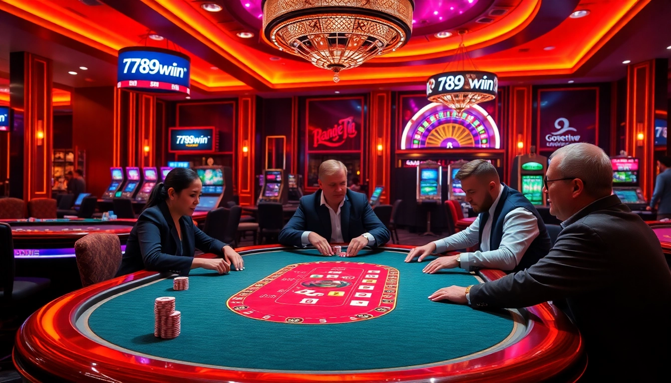 Exciting poker gameplay at 789win casino, showcasing lavish tables and vibrant atmosphere.