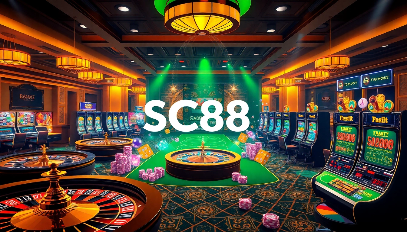 Experience exciting games at SC88 COM with a vibrant online casino atmosphere filled with roulette wheels and slot machines.
