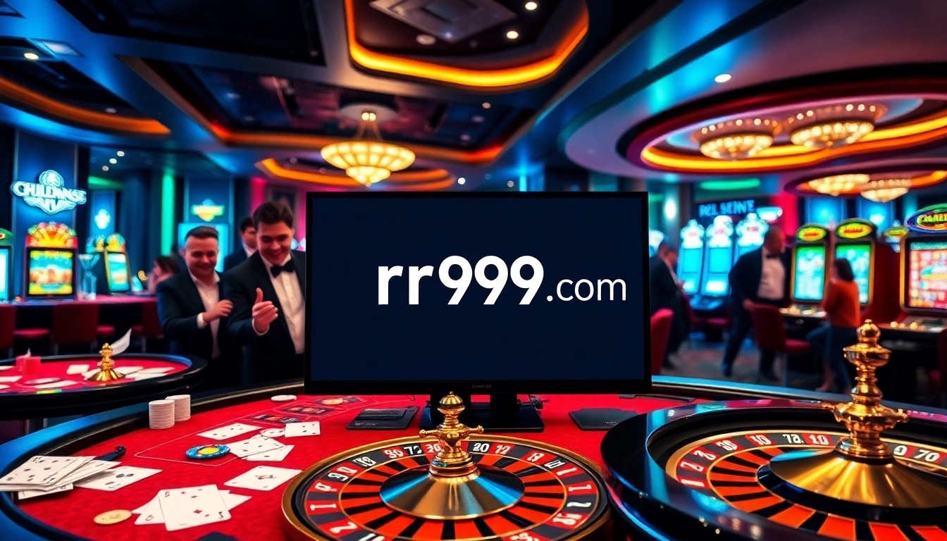 Experience thrilling games at rr99 com in a glamorous casino environment with vibrant gaming tables.